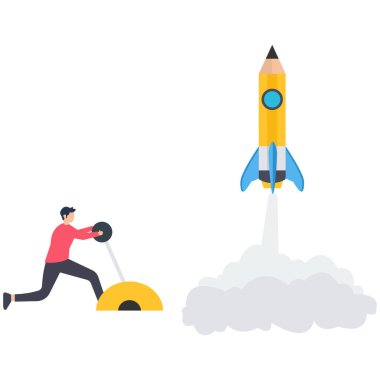 Yeni bir proje başlatın, Kalem roketi fırlatma, yaratıcılık ya da eğlence fikri, yaratıcı ya da hayal gücü, yeni proje başlatmak, iş geliştirme kavramı