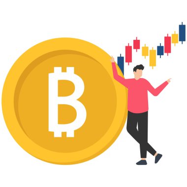 Bitcoin ve kripto para yatırımı, kripto ticaret illüstrasyonu, Bitcoin pazarından kar elde etmek, insan yatırımcısı bitcoin parasının yanında duruyor ve kripto para birimini analiz ediyor.