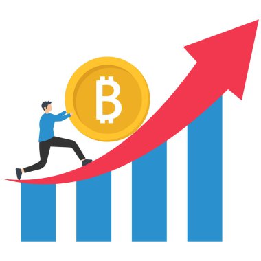 Fiyatların düşmesini önlemek için Bitcoin 'e basmak, kripto para birimi riski, dalgalanma veya dalgalanma, kripto krizi veya satış illüstrasyonu, Bitcoin cezası