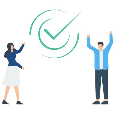 Tamamlanmış görev ve tamamlanmış proje için başarı, başarı ya da başarı kutucuğu, ofis işi bitti, insanlar tamamlanmış olan projeyi kutluyor, sorumlu projenin ardından işaretle
