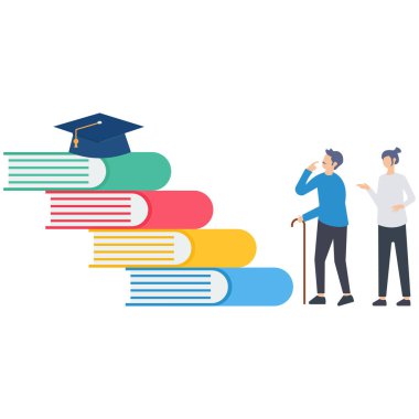 Yaşam boyu öğrenme, beceri gelişimini motive etmek ve geliştirmek için kendi kendine çalışma, yaşam boyu konseptler için yeni bilgiler öğrenmeye devam etme, farklı yaşlarda insanlar yeni kitaplar okuyup bir yığın kitap üzerinde online çalışma