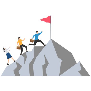 Başarılı iş misyonu, hedefe ulaşmak için takım liderliği, hedefe ulaşmak için mücadele, motivasyon ve başarı için takım çalışması, dağın zirvesine ulaşmak için koşan takım üyeleri