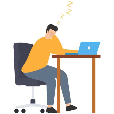 Sıkıcı bir ofis çalışanı, yorgun ya da bitkin bir çalışan, öğleden sonra çöküşü ya da yorgun ve bitkin, ofis çalışanlarının elleri çenelerinde sıkılıyor, çalışma masasında düşük enerjiyle oturuyor.