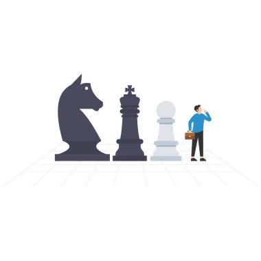 Ticari çözüm ve rekabet kazanmak için stratejik düşünce, liderlik yeni fikirler, zeka veya başarı için bilgelik, kafasında satranç taşıyla düşünen iş adamları hakkında düşünmeye meydan okuyor.