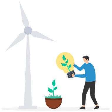 İş yeşile dönüyor, iklim değişikliği krizi veya sürdürülebilirlik ortamında çevre dostu, rüzgar türbini ve bitki tohumu taşımak, yeşil enerji yaratacak