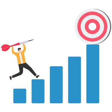 Ticari hedefe ulaşmak için başarı adımı, büyüyen yolculuk ya da hedefe ulaşmayı hedeflemek, hırs ya da zorluklar, merdivenlerde dart basamağı taşımak, dart tahtası hedefine ulaşmak