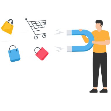 Müşteri mıknatısı veya pazarlama, müşteriyi tekrar satın almak için geri çekmek, müşteri çekmek ya da satmak için strateji tutmak, reklam kampanyası, at nalı ile el, müşteri çekmek için mıknatıs