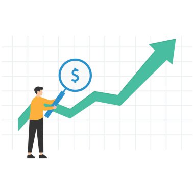 Gelir veya maaş artışı, büyüme yatırımı karı veya borsadan kazanç, para veya büyüyen maaşlar, dolar para işareti, büyüme grafiği ve grafiği üzerindeki büyütme bardağı