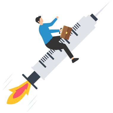 COVID-19 sonrası mali ve ekonomik kriz, Coronavirus aşısı keşfi ile çöküş, şırıngayla çalışan yatırımcı mutlu, büyüme mali çubuğu grafiğine işaret eden