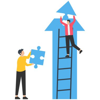 Birleşme ve kazanım, ortaklık veya birlikte çalışma, başarı bulmacası, büyüme çözümü veya işbirliği, destek veya ilerleme meydan okuma kavramı, iş adamları ok yapbozunu başarıya ulaştırmak için zorluyor.