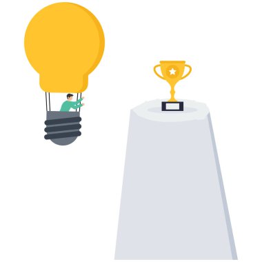 İş adamı sıcak hava balonuyla gökyüzünde uçuyor ve ilerisini planlıyor. Dağ tepelerindeki dürbünden bakıyorum.