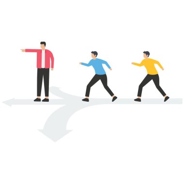 Takım yönetimi, iş kararı veya liderlik, başarı, kararlılık ve ilham kavramına ulaşmak için yol gösterme veya strateji, iş adamları ekip üyeleri patrona yön gösteren bir gemiyle yelken açıyor.