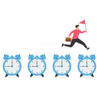 Zamanda sıçrayan işadamı uzmanı çalar saat, zaman yönetimi, geciktirme veya verimlilik, son teslim tarihi içinde projeyi bitirmek, iş verimliliği veya planlama, hızlı tempo projesi