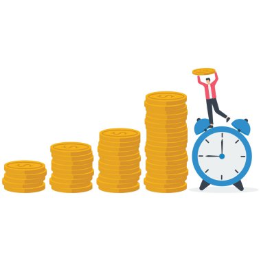 Alarmlı iş adamı birikimlerini, uzun vadeli yatırımlarını veya emeklilik fonu için tasarruflarını, bileşik faiz veya yatırım artışını, vergi zamanı hatırlatmasını artırmak için daha fazla para koydu 