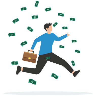 Mutlu iş adamı para yağmuru ile yükselir, başarılı iş adamı finansal özgürlüğe kavuşur, bol parası ve serveti olan mutlu milyoner, gelir veya maaş artışı veya kariyer fırsatı elde eder. 