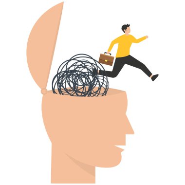 Adam dağınıklıktan kaçıyor açık kafasındaki karmaşık çizgi beyinden, kaçışından, depresyondan, COVID-19 salgınından etkilenen depresyondan, depresyondan, anksiyeteden ya da stresten kaçıyor. 