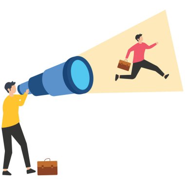 İşadamı destek elini uzatır teleskop vizyonunu inceler, kariyer gelişimi için fırsat, destek ya da güç verme vizyonu, başarı fırsatı ya da ilerideki yolculuğu görme vizyonu 