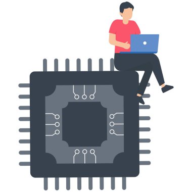Yapay zeka çipi üzerinde bilgisayar laptopuyla çalışan bir adam yapay zeka, teknoloji ile çalışıyor.,