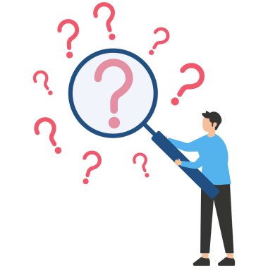 Businessman with magnifying glass analyze question marks, problem analysis or problem management, investigate for root cause or incident, finding solution or discover threat or uncertain clipart