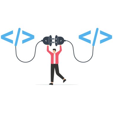 Programmer connect socket between coding program, API, application programming interface to connect between software, coding to exchange information for website or software development clipart svg vector 