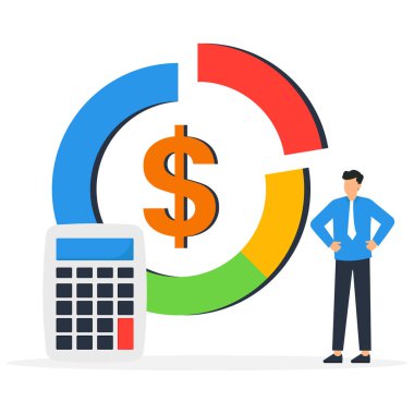 Cost structure, expense and income balance calculation, revenue, debt and investment analysis, money management, budget or saving concept, businessman with calculator with pie chart of cost structure. clipart