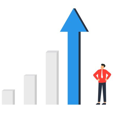 Performans konseptini geliştirmek için iş artışı ve kar, büyüme veya ilerleme, yükselen grafik okuna bakan işadamı.