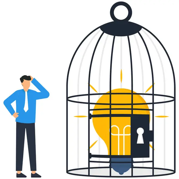 stock vector Refusing to disclose knowledge or business secrets. Businessman locks a light bulb in a cage.