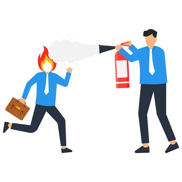 stock vector Businessman with a fire extinguisher is fighting the burning flame. Economic concept. Red Put out head fire. A man with a fire extinguisher extinguishes a fire in a burning brain. Burnout and emotional problem