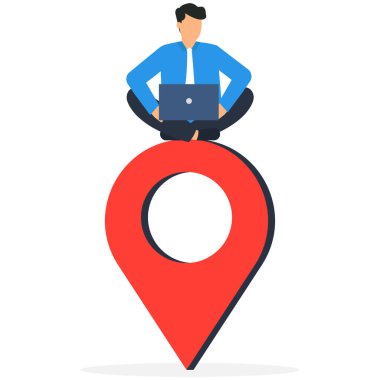 Uzaktan çalışma ya da uzaktan çalışma, sanal ofis ya da herhangi bir yerde çalışma, serbest ya da çevrimiçi ofis, deniz aşırı çalışan konsepti, iş adamı harita pin üzerinde bilgisayarla uzaktan çalışma.