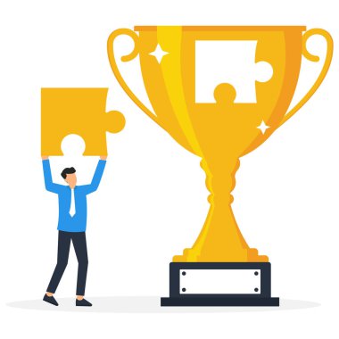 Başarı çözümü, anlaşma ya da çözüm, en iyi sonuç için çözüm, başarıya yardım etmek ve birlikte hedefe ulaşmak, iş adamı zafer için kupa birleştirme yapbozu parçası