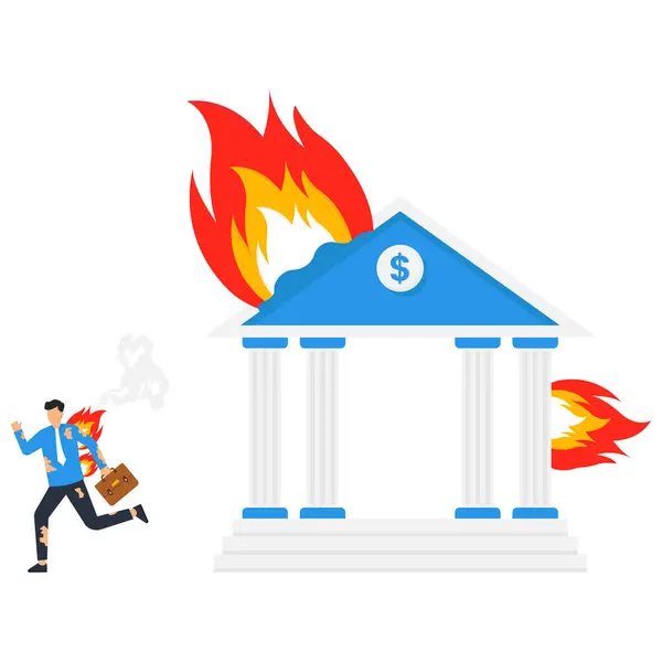 stock vector A burning Bank is being extinguished from an extinguisher. Firemen put out a Bank fire. Firefighter using fire extinguisher for fire fighting burning Bank. Department rescuer.