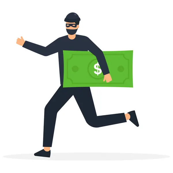 stock vector Financial crime, stealing money, investment risk or banking security concept, young man with black mask bandit costume or thief stealing or carrying dollar coin away.