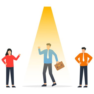 Spot ışığı altında iş adamı ve müşteri başarıyı değerlendiriyor, diğerlerinden öne çıkıyor ve liderlerin kazanma konseptini inceliyor,