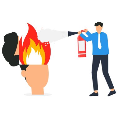 İşadamı, çalışanların bitkin ve bitkin düşmesine ya da aşırı çalışmasına yardım etmek için akıl hocalığı ya da destek, insanların yönetiminde ya da beyninde endişeleri azaltmak için, yangın söndürücü konseptine söndürücü koydu.,