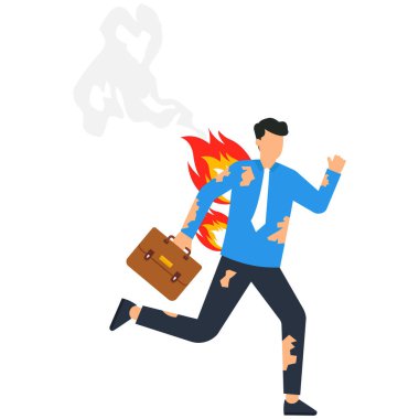 Çalışan tükenmiş ve aşırı çalışmaktan ya da aşırı çalışmaktan yorgun düşmüş, zihinsel problemler ya da çok fazla iş yükünden dolayı strese girmiş, kafasında yangın ve giysi kavramı olan depresyondaki işadamı.,