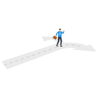 İş yönü ve seçenekler ya da çoklu yol seçimi, kariyer yolu ya da iş büyümesi için karar vermek, kafası karışmış iş adamı düşüncesi, birden fazla yol üzerinde karar vermek,,