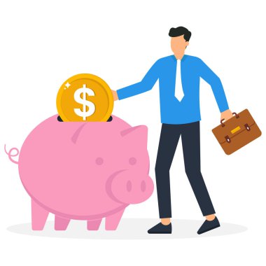 Para ve yatırım veya finansal kazanç, büyüme ve gelecek veya zenginlik ve depozito için para biriktiren İşadamı yatırımcı, domuz bankası konseptine dolar para koyuyor,