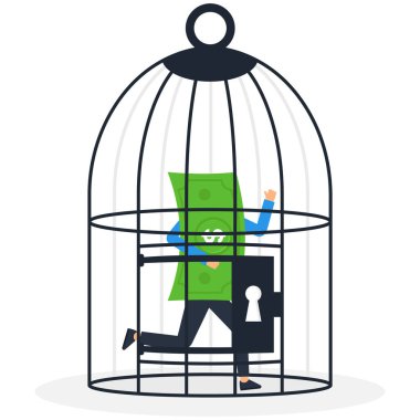 Parayı kilit altına al ya da parayı ve parayı kontrol et, iş adamı parayı dolar kafesi konseptiyle bir kuş kafesine kilitle., 