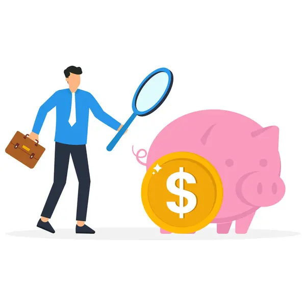 stock vector Businessman examining Piggy bank for solution trouble for business success concept,