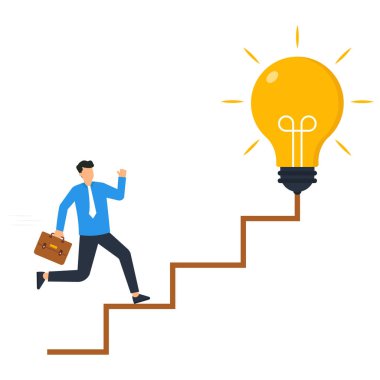 İş dünyası fikirleri ve kariyer yolu veya hedef başarısı için yaratıcılık, İşadamı elektrik hattında yürümeye başlar büyük fikir ampulü kavramına giden merdiven olarak.,