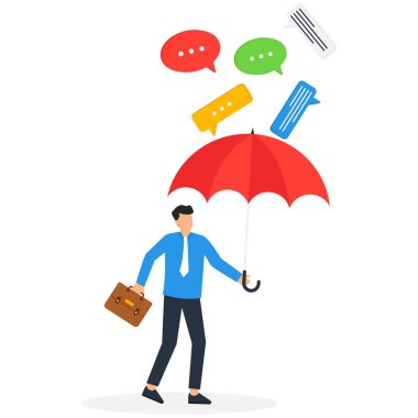 Mesajlardan ve sohbet formlarından korunma, iş adamının mesaj kavramından kaçınmak ve güvende olmak için şemsiye kullanması,