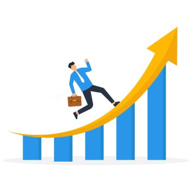İş geliştirme ve kariyer büyümesi veya başarı, ilerleme veya meydan okuma elde etmek için performans, performans iyileştirme çubuğu konseptinde yükselen ok üzerinde çalışan iş adamı,