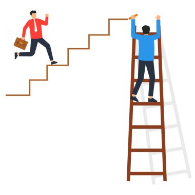 İş adamı merdivenleri çekiyor ve ortağı hedeflerine doğru merdivenleri çıkıyor, motivasyonları yükseltiyor ve hedefin iş başarısı konseptine giden yolu açıyor.,