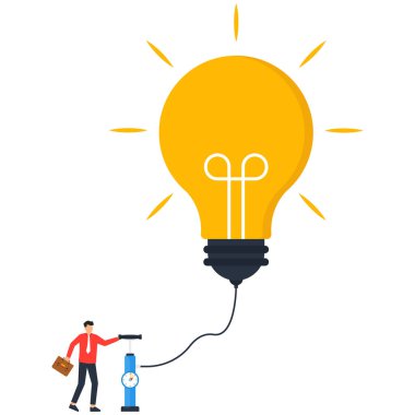 İşadamı ampul işareti, iş stratejisi fikirleri ve yatırım ya da iş başarısı konsepti için zenginlik yönetimi için bir balon pompalıyor.,