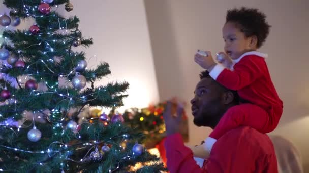 侧面看年轻的非裔美国人在家里装饰圣诞树 与蹒跚学步的男孩在肩上交谈 翠鸟迷人的儿子在客厅里帮爸爸准备新年树 — 图库视频影像