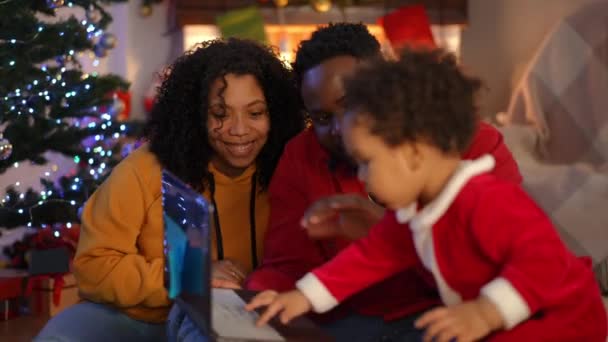 Positive Couple Parents Using Video Chat Laptop Talking Curios Little — Stock Video
