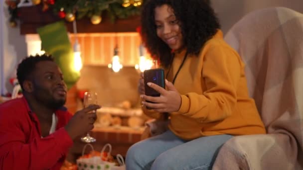 Blurred African American Couple Live Streaming Social Media Toasting Champagne — Stock Video