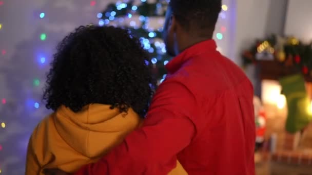 Rückseite Glückliches Entspanntes Paar Umarmt Bewundernde Weihnachtsbeleuchtung Hintergrund Junger Afroamerikaner — Stockvideo
