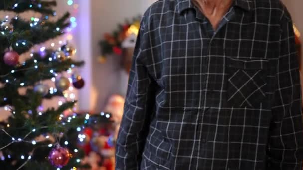 Senior Manos Masculinas Colgando Juguete Año Nuevo Árbol Navidad Cámara — Vídeos de Stock