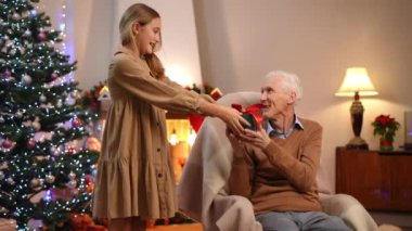 Neşeli genç kız Noel hediyesi kutusunu sallanan sandalyede oturan yaşlı adama uzatıyor ve büyükbabaya sarılıyor. Yeni yılı kutlayan Kafkasyalı torunun kutlu olsun.